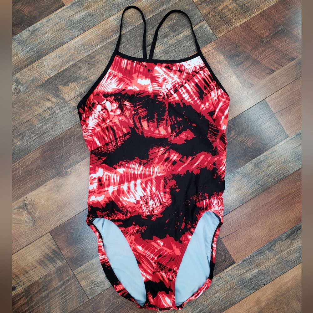 Nike Red and Black Tank Low Back One Piece Swimsuit, Size 10